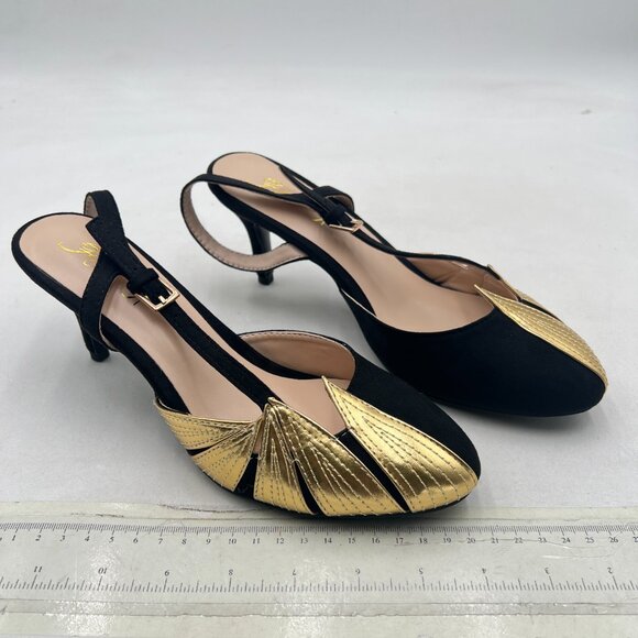FOWT Gold Petal Decor Pointed Toe Slingback Pumps High Heel Slip on Sandals - Picture 4 of 8